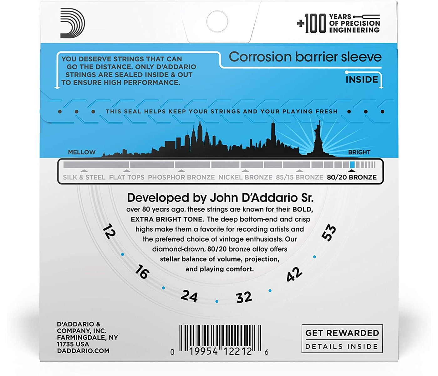 D'Addario EJ11 80/20 Bronze Acoustic Guitar Strings Light - 12-53