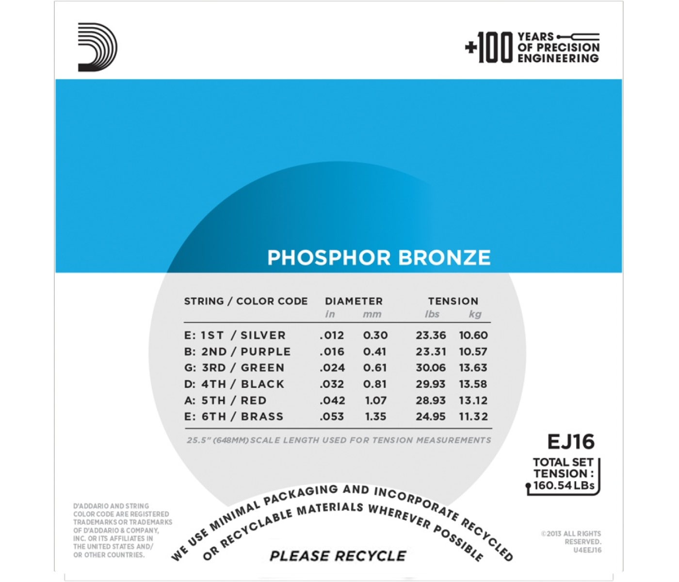 D'Addario EJ16 Phosphor Bronze Acoustic Guitar String Light - 12-53