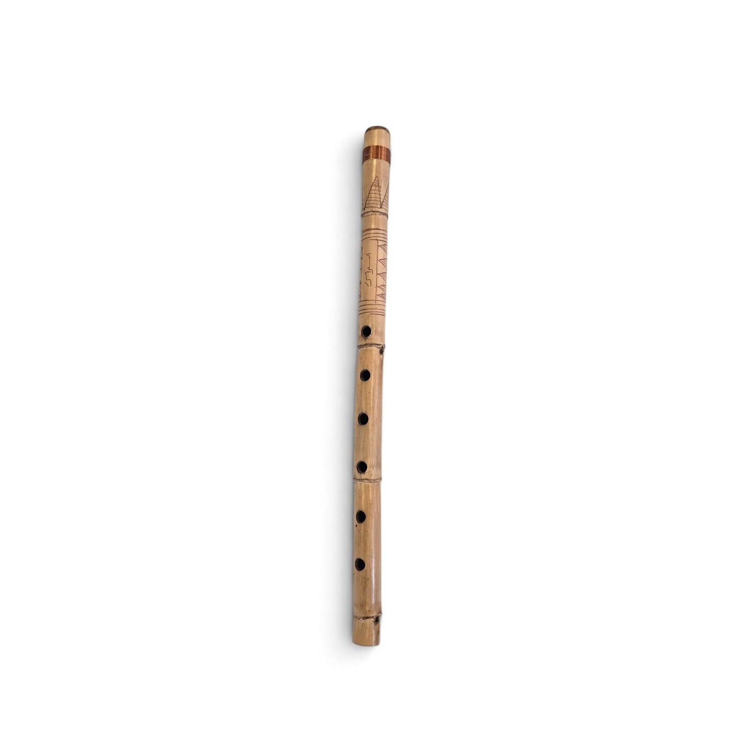 A natural bamboo flute with engraved details and finger holes, shown vertically against a plain white background.