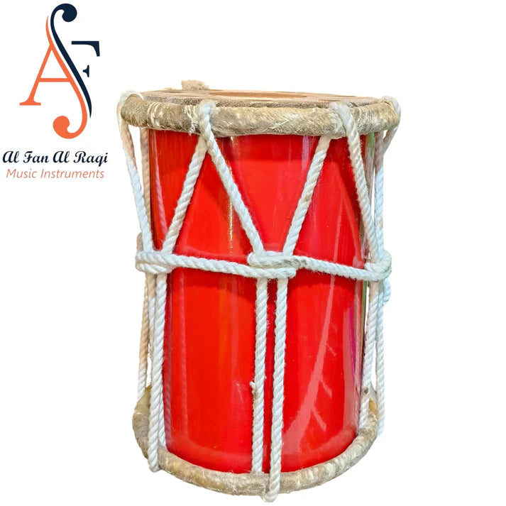 Red drum with rope wrapping on a white background, featuring the brand 'At Fan Al Ragi'.
