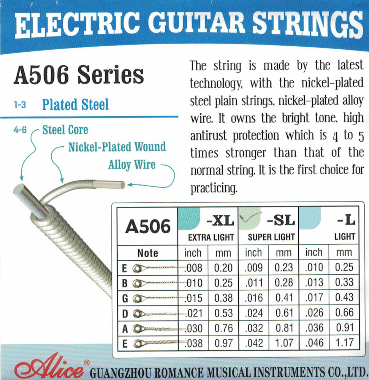 Electric guitar strings with specifications and brand information