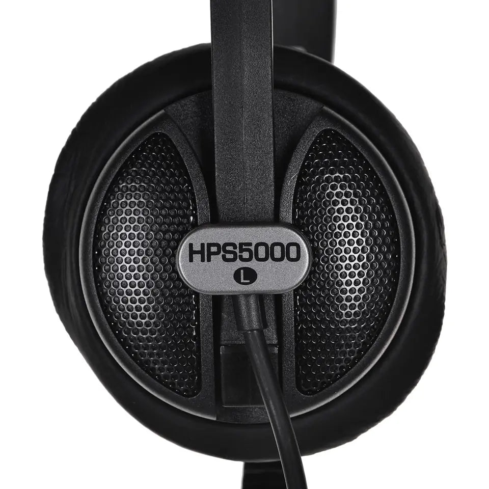 Close-up of a pair of headphones with 'HPS5000' branding on a white background