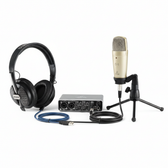Behringer U-Phoria Studio Pro Recording Bundle shown from the front with one UMC202HD interface, one C-1 microphone, HPS5000 headphones, microphone stand, XLR cable, and USB cable