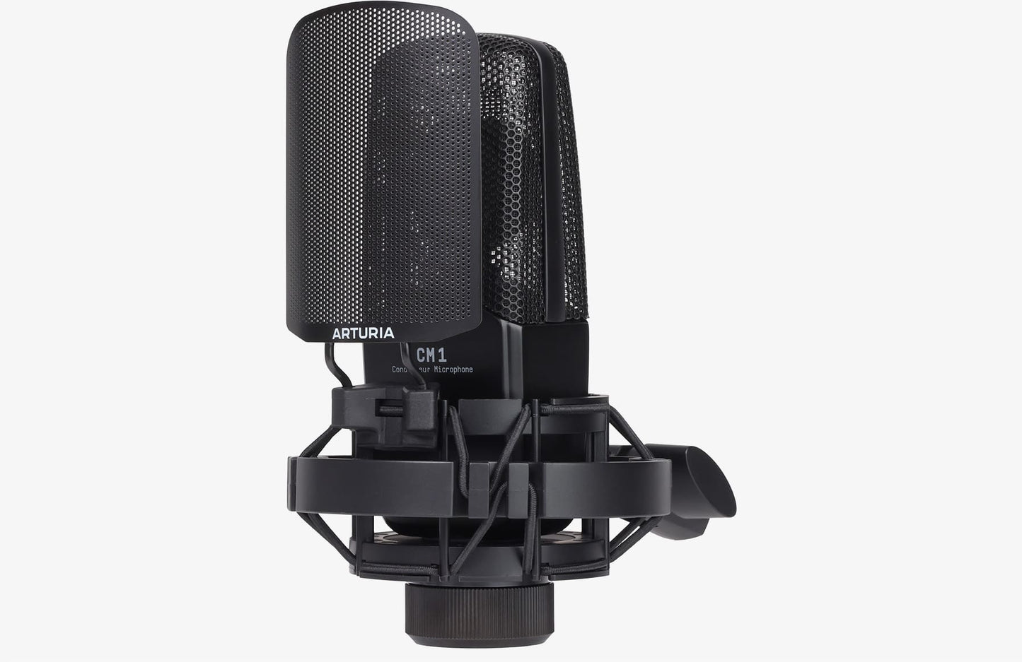 Black studio microphone with a mesh cover on a white background