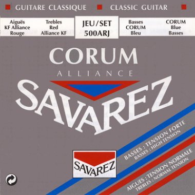 Savarez guitar string set packaging with brand names on a gray background