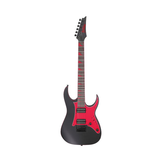 A 6-string Ibanez solid body electric guitar in black flat color, with a maple neck and purpleheart fretboard, Infinity R H-H pickups, and an F106 bridge.