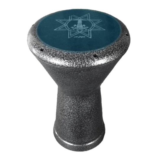 A goblet drum, typically used as a hand percussion instrument, with a blue marking on the top surface and six nails on the side.
