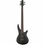 Black electric bass guitar on a white background