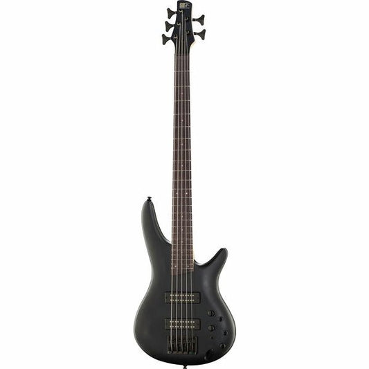 Black electric bass guitar on a white background