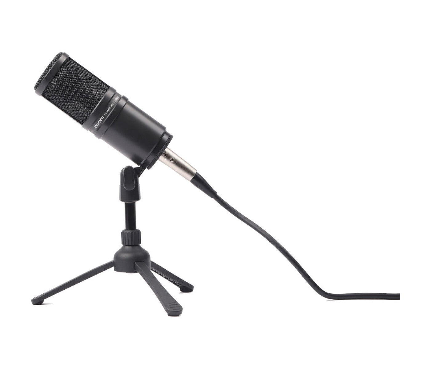 Black USB microphone on a tripod stand with a white background