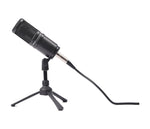 Black USB microphone on a tripod stand with a white background