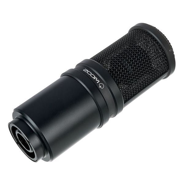 Black microphone with mesh cover on a white background