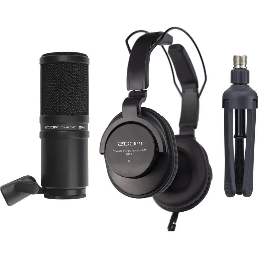 Zoom microphone, headphones, and tripod on a white background