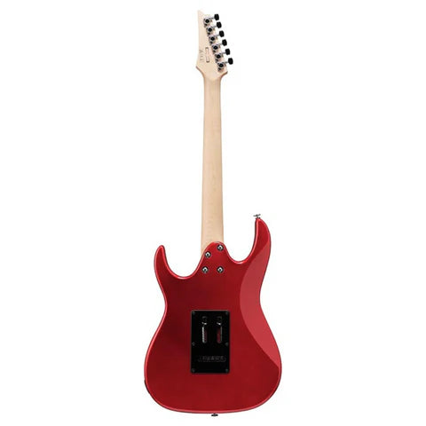 Red electric guitar with a white pickguard on a white background