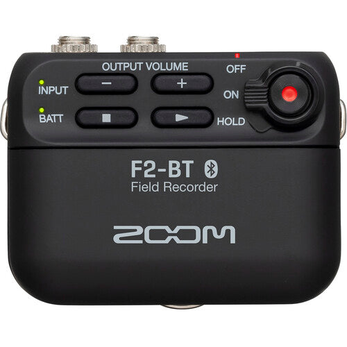 Zoom F2-BT/B Field Recorder with Lavalier Microphone, displaying its black body with control buttons, a red record button, and the Zoom logo.