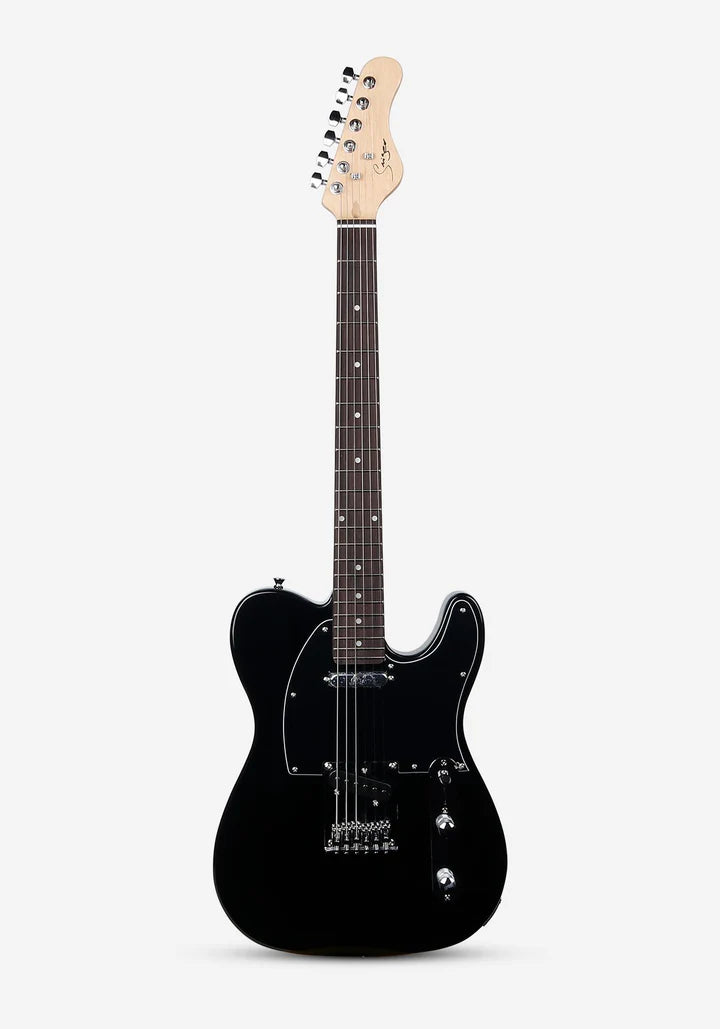 Black electric guitar on a white background