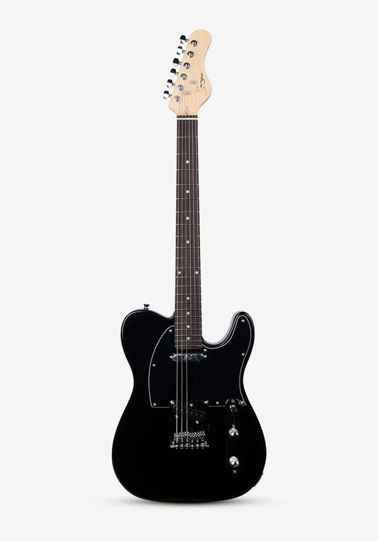 Black electric guitar on a white background