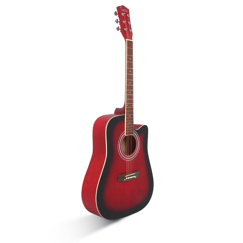 Red acoustic guitar on a white background