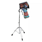 Colorful bongo drum on a stand against a white background