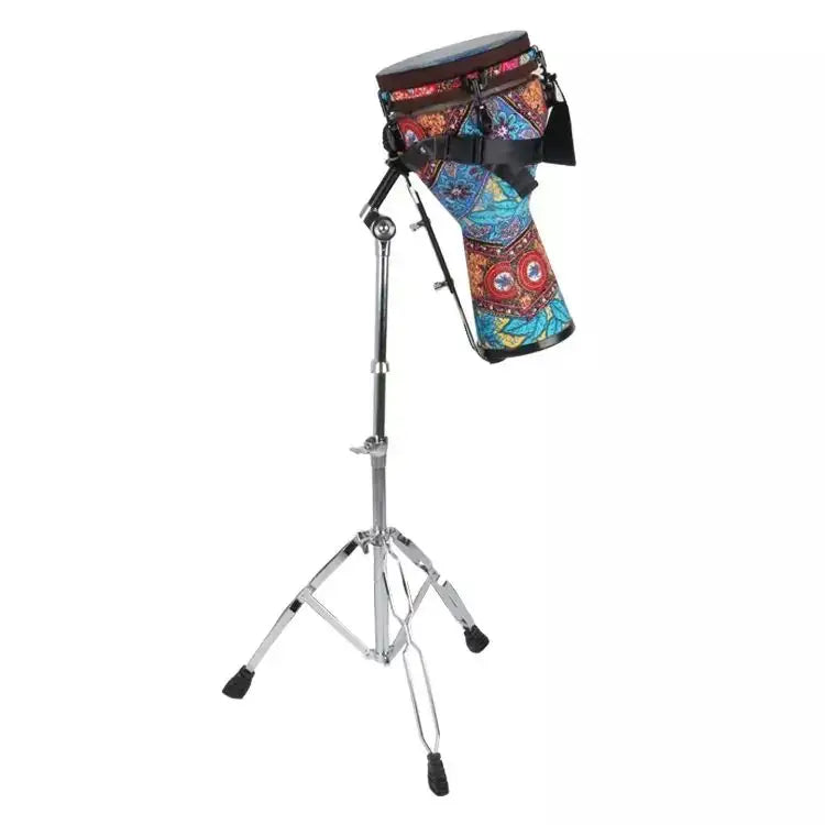 Colorful bongo drum on a stand against a white background