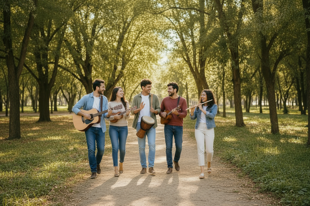 Five young musicians are standing together in a sunlit park, smiling and playing stringed instruments including guitars, a banjo, a drum, a ukulele, and a flute. Trees and a dirt path are visible in the background.