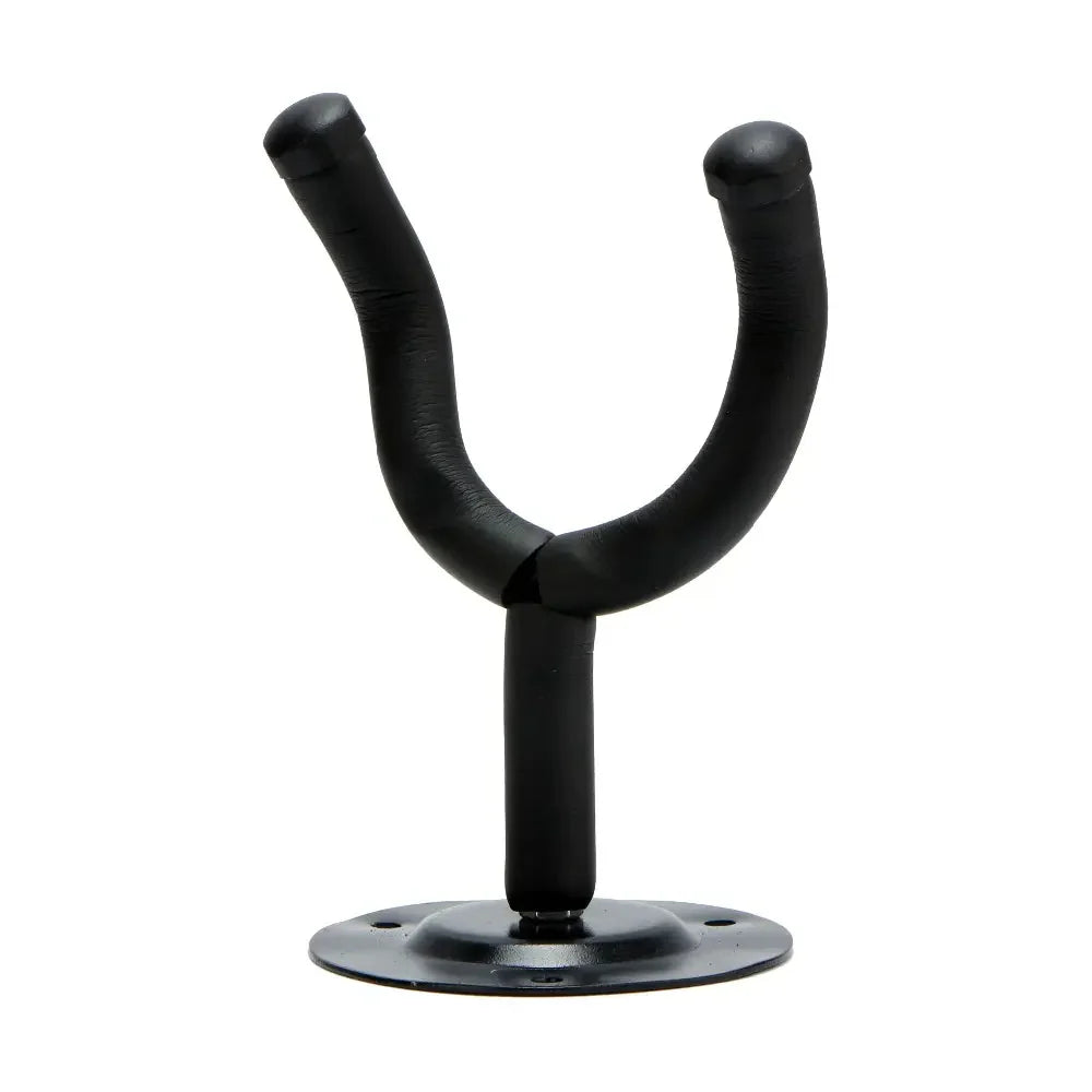 Black metal U-shaped hook on a white background