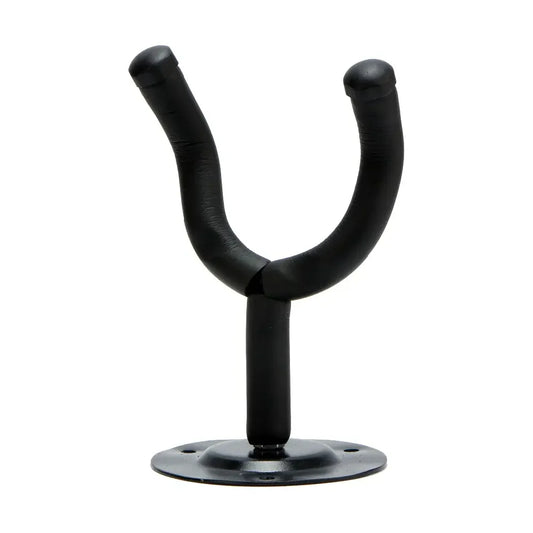Black metal U-shaped hook on a white background