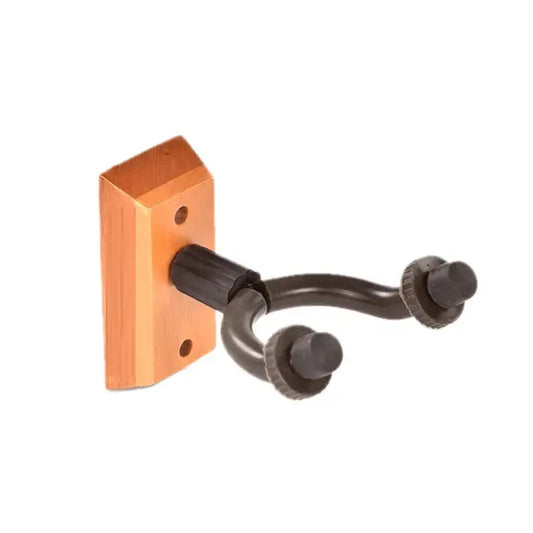 Guitar hanger with orange metal bracket and black metal hook on a white background