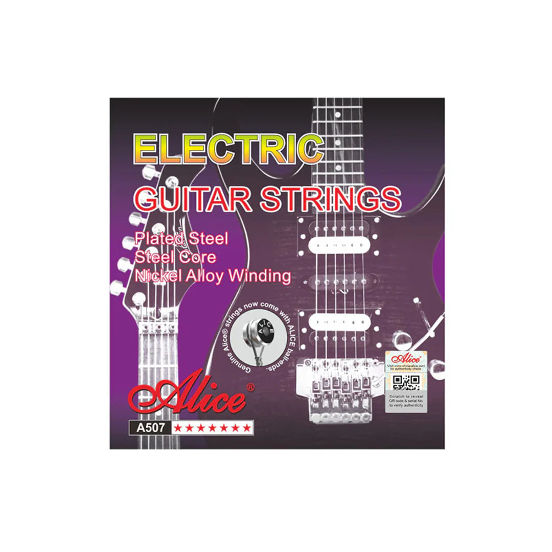 Box of Alice electric guitar strings with guitar illustration on a white background