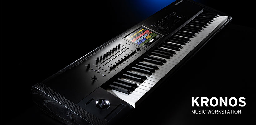 Kronos music workstation with keyboard and control panel on a dark background