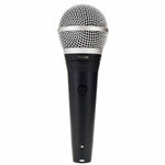 A black Shure SM58 cardioid dynamic vocal microphone with a silver ball grille and an on/off switch.