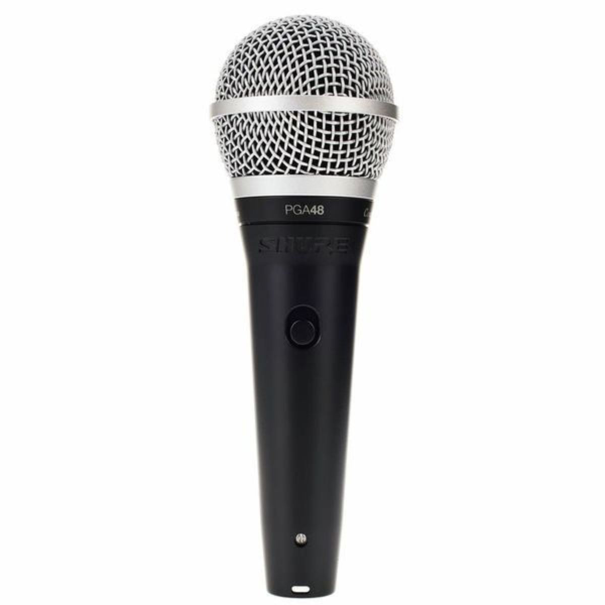 A black Shure SM58 cardioid dynamic vocal microphone with a silver ball grille and an on/off switch.
