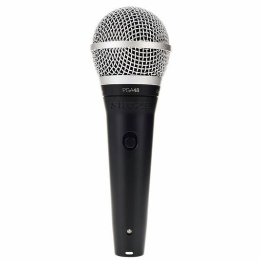 A black Shure SM58 cardioid dynamic vocal microphone with a silver ball grille and an on/off switch.