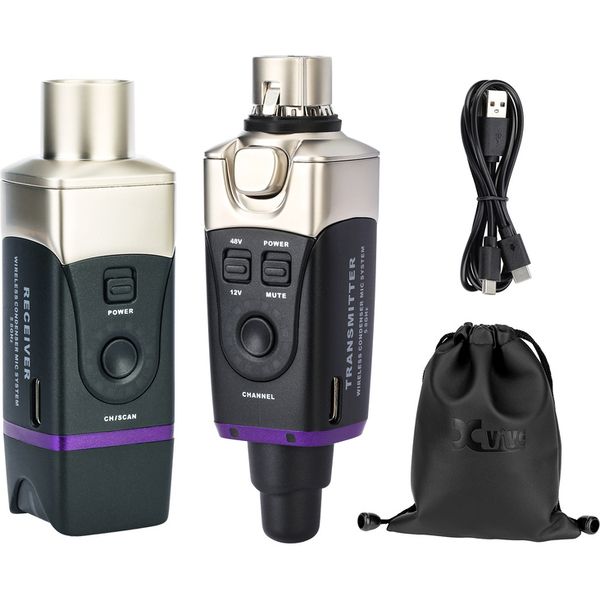 Wireless microphone system with receiver, transmitter, USB cable, and carrying case on a white background.