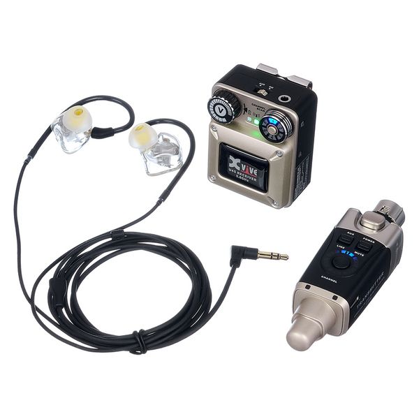 Wireless audio transmitter and receiver system on a white background