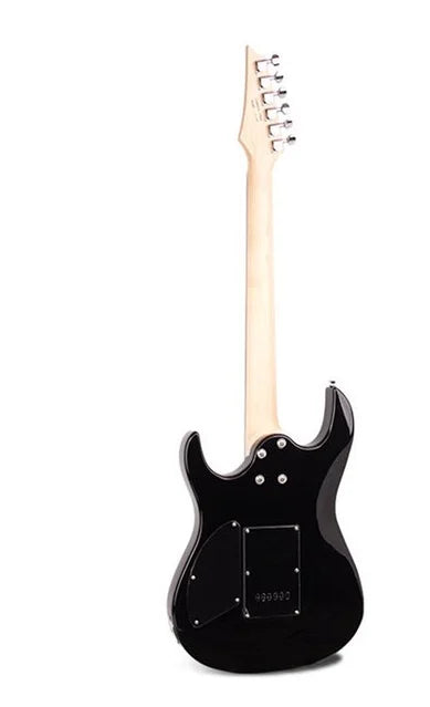 Black electric guitar with a white pickguard on a white background
