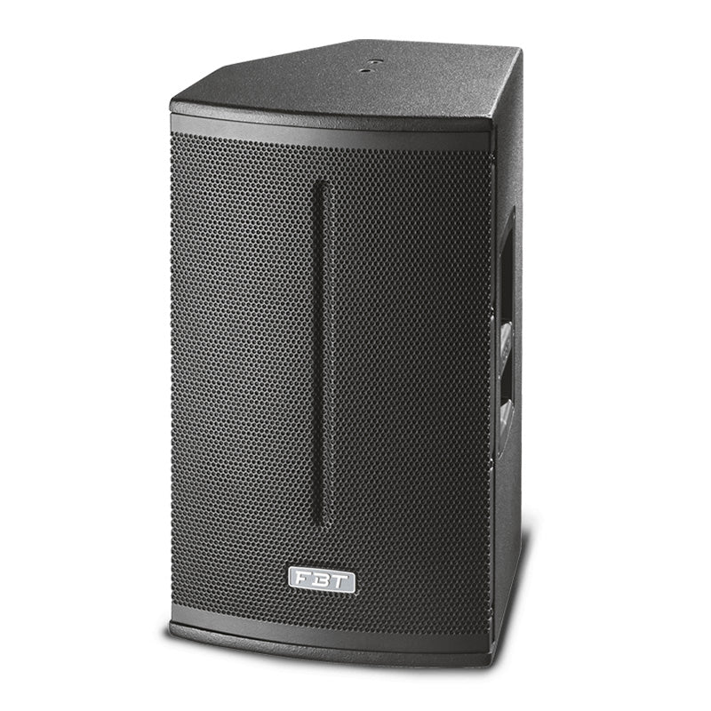 Black speaker with a brand logo on a white background