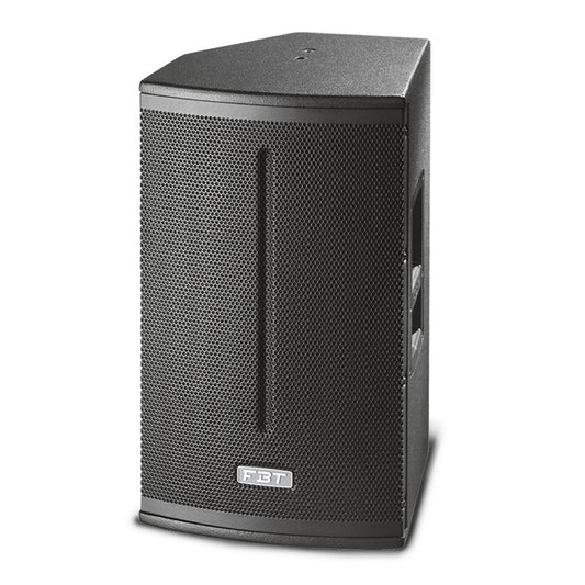Black speaker with a brand logo on a white background