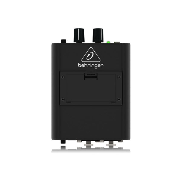 Black audio interface with Behringer logo on a white background