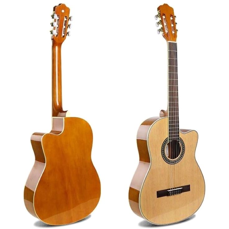 Two acoustic guitars side by side on a white background