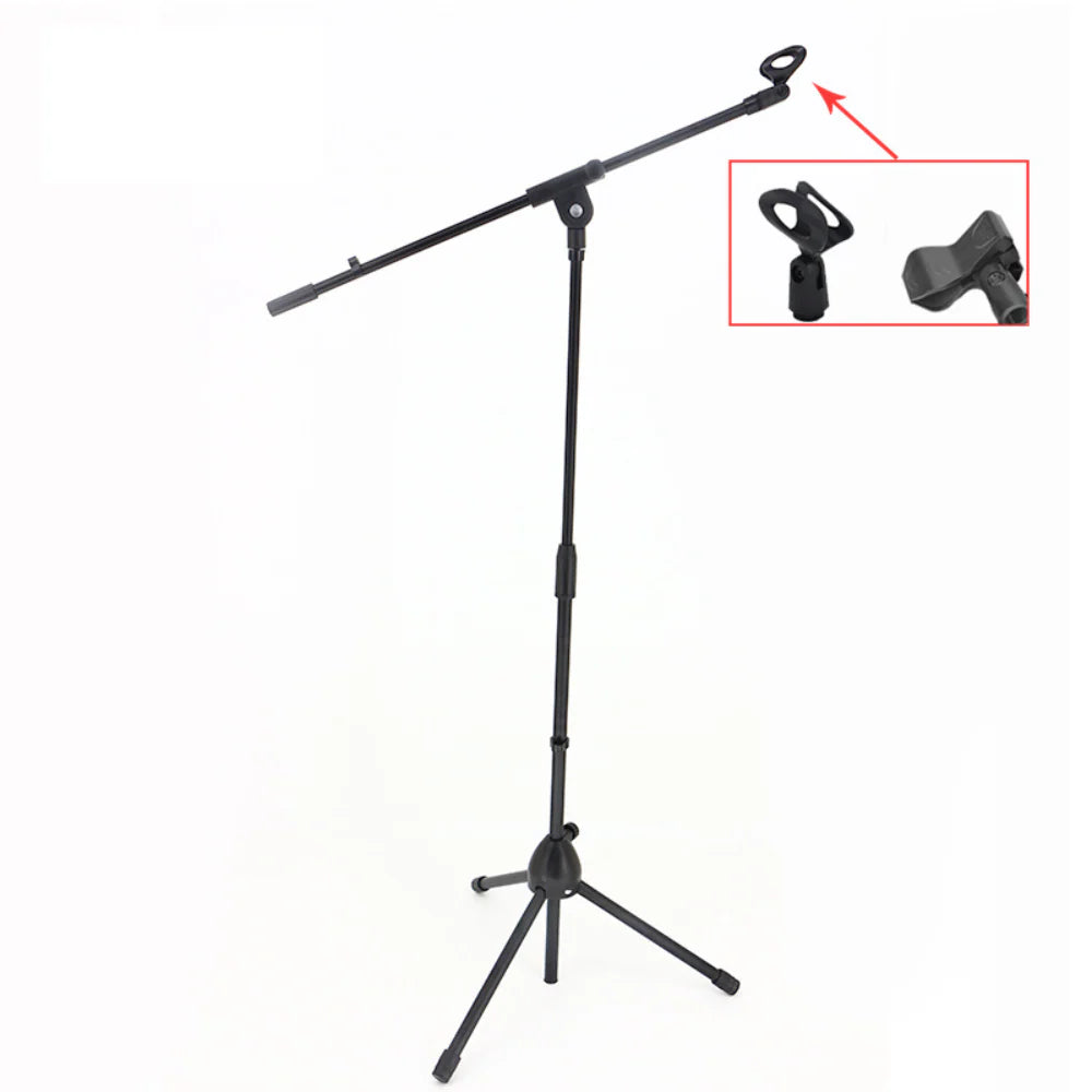 Black microphone stand with adjustable arm on a white background