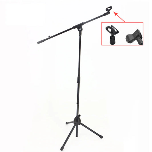 Black microphone stand with adjustable arm on a white background