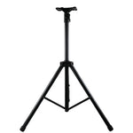 Black adjustable tripod stand on a white background