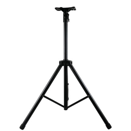 Black adjustable tripod stand on a white background