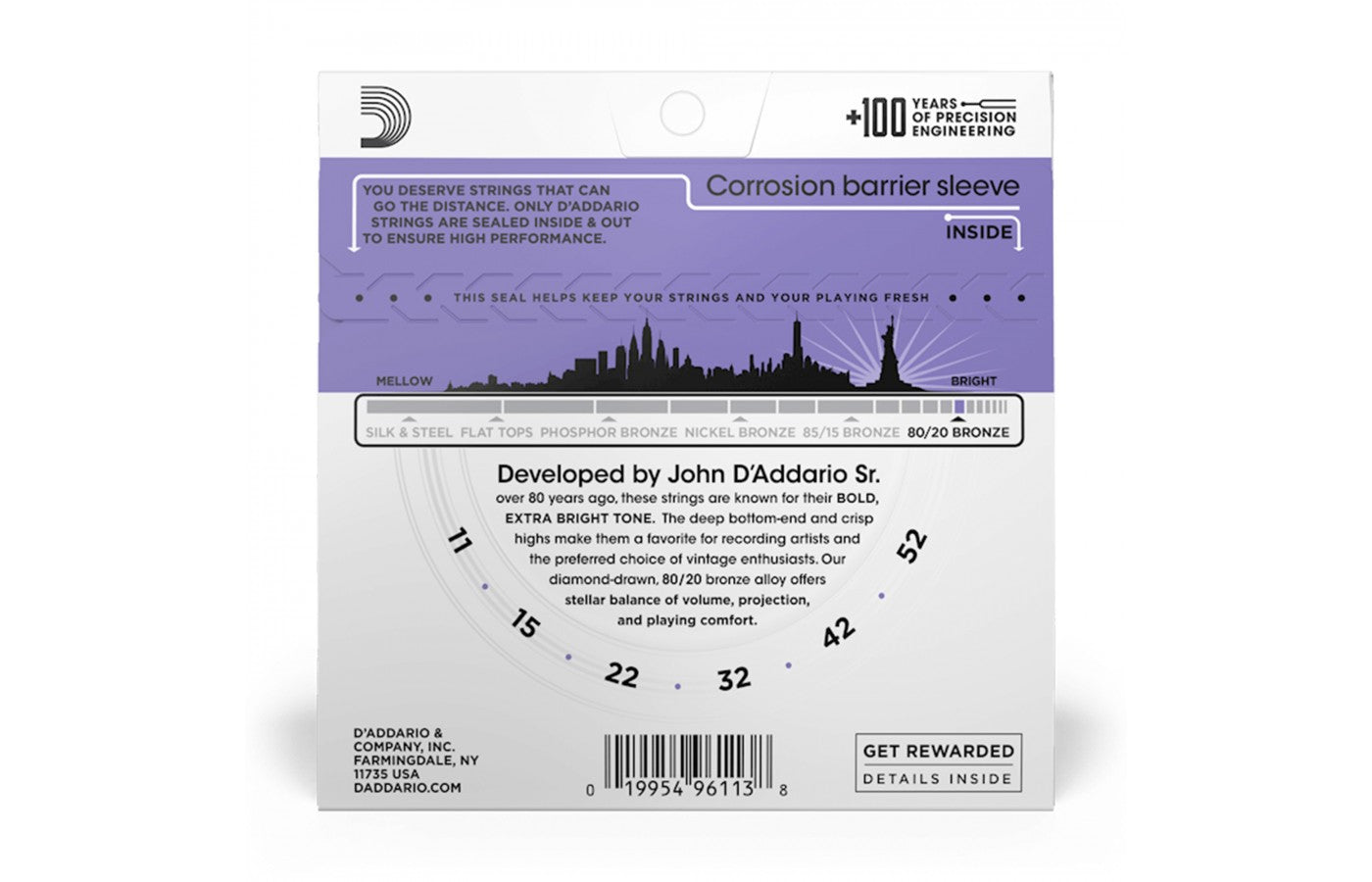 أوتار جيتار صوتي برونزي مقاس 80/20 من D'Addario EJ13 - 11-52 - إضاءة مخصصة