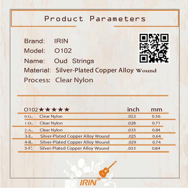 Product parameters card for IRIN Oud Strings with a QR code and brand logo.