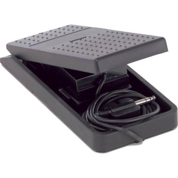Black foot pedal with cable on a white background