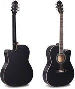 Two black acoustic guitars on a white background
