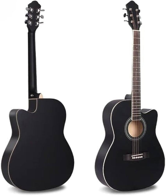 Two black acoustic guitars on a white background