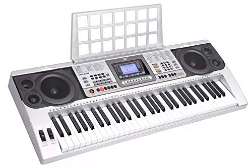 Electronic keyboard with digital display and control panel on a white background